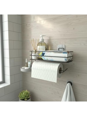 Yapışkanlı Raflı Kağıt Rulo Havluluk Peçetelik Havlu Kağıtlık Siyah Banyo Mutfak Düzenleyici Raf