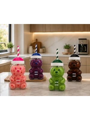 Ayıcık Cam Bardak 500 ml Şeffaf Kalın Cam Kağıt Pipetli Soğuk Içecek, Kahve, Detoks ve Frozen Için Uygun Siyah