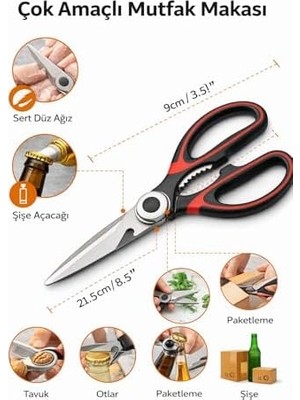 Çok Amaçlı Mutfak Makası, Paslanmaz Çelik Bıçak, Entegre Ceviz Kırıcı ve Şişe Açacağı, Kaymaz Ergonomik Sap, Tavuk, Et, Sebze ve Ambalaj Kesimi Için