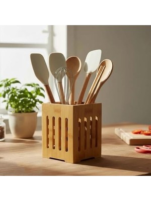Küçük Boy Doğal Bambu Kaşıklık - Hasır Örgü Tasarımlı Çatal Kaşık Düzenleyici Tezgah Üstü ve Sofra Sunum Sepeti Organizer (14 x 10 Cm)