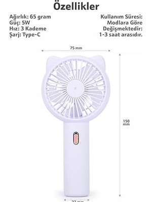3 Modlu Şarjlı El Fanı 3 Kademe Seyahat Masaüstü Vantilatör Taşınabilir Mini Fan F136 (Mor)