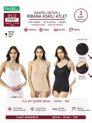 İncili Tekstil Kadın Ribana Pamuklu Dantelli Ip Askılı Atlet 3'lü Set Avantaj Paketi Xl