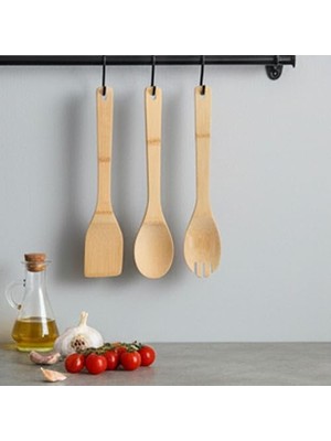 3'lü Bambu Mutfak Gereç Seti – Doğal Ahşap Spatula, Kaşık ve Servis Çatalı | Yapışmaz Tencere Dostu, Antibakteriyel ve Isıya Dayanıklı Ahşap Mutfak Seti (30 Cm)
