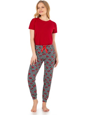 Obje Kadın Kiraz Desen Şardonlu Desenli Bant Paça Pijama Altı