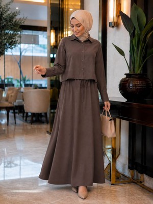 Esra Butik Yıkanmış Tensel Kumaş Ceketli Jile Elbise Takımı – Adaçayı Yeşili, Mürdüm & Acı Kahve | 2 Parça Tesettür Takım