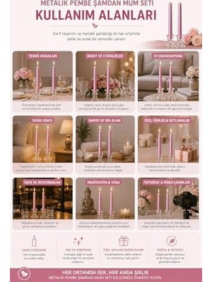 2’li Metalik Pembe Şamdan Mum Seti 25 cm – Dekoratif Ince Şamdan Mum, Kokusuz Parafin WAX,%100 Pamuk Fitil, El Döküm, Uzun Süre Yanma (~10 Saat), Şık Sofra, Davet, Nişan, Düğün