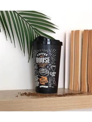 2'li Coffee House Desenli Kahve Bardağı Seti (650 ml + 400 Ml) - Kahverengi Şık Tasarımlı Pipetli Bardak Takımı