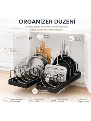 Alper Banyo Sürgülü Organizer Siyah – Yapışkanlı Dolap Içi Raylı Düzenleyici, Tencere Kapağı, Tava, Kesme Tahtası ve Mutfak Gereçleri Için Çekmece Tipi Organizer, 21 x 42 cm