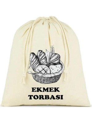 Ekmek Torbası, Pamuk Bez Torba, 40X40 Cm, Baskılı Ekmek Desenli, Krem Rengi