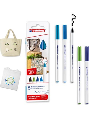 Astraltech Edding 4600 Tekstil Kalemi - Siyah, Mavi, Açık Mavi, Açık Yeşil, Şark Mavisi - 5'li Set - Yuvarlak