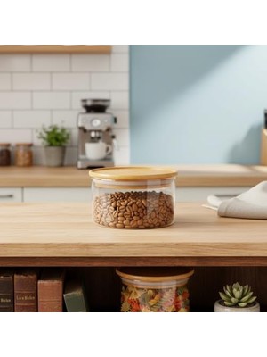 Doğal Bambu Kapaklı Borosilikat Cam Saklama Kabı - 300 ml Vakumlu Yuvarlak Baharatlık, Çay ve Kahve Kavanozu