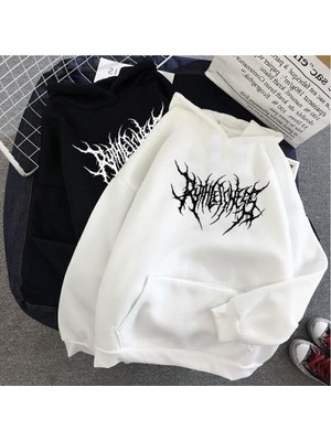 Touz Moda Day Light Gothic Graffiti Oversize Unisex Beyaz Kapşonlu Hoodie Sweatshirt