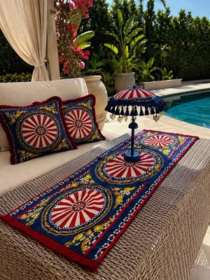 Missidea Çarkıfelek Desenli Aydınlatmalı El Yapımı Dekoratif Bali Şemsiye Seti (Led\'li Şemsiye + 2 Adet Kırlent + Runner)