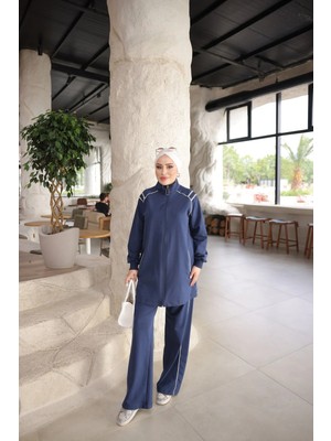 MİMİ LUXURY WEAR Kadın Fermuarlı ve Şerit Detaylı Tesettür Eşofman Takımı - Ikili Spor Takım  3003