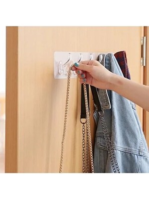 CATEKSSS Yapışkanlı 5 Kancalı Şeffaf Bitişik Askı Mutfak Banyo Havlu Lif Bez Askısı Plastik Beyaz