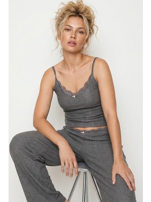 Siyah İnci Bürümcük-Krınkıl Ip Askılı Pijama Takım 8059