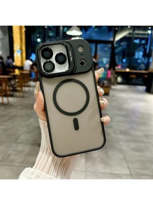iPhone 17 Pro Max Uyumlu Kamera Lens Aparatlı Stand Olabilen Magsafe ile Uyumlu Kamera Korumalı Şeffaf Full Color Magnetic Wireless Telefon Kılıfı Siyah
