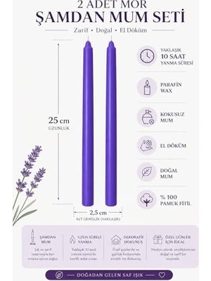 2’li Mor Şamdan Mum Seti 25 cm – Dekoratif Ince Şamdan Mum, Kokusuz Parafin WAX,%100 Pamuk Fitil, El Döküm, Uzun Süre Yanma (~10 Saat), Şık Sofra, Davet, Nişan, Düğün ve Ev Dekorasyonu Için Zarif