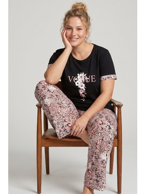 Siyah İnci Büyük Beden Battal Boy Örme Pijama Takımı 24103691