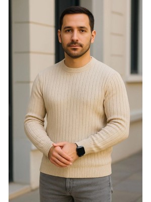Adisia Erkek Bisiklet Yuvarlak Yaka Triko Kazak Pamuklu Kalın Fitilli Dokuma, Regular Fit Uzun Kollu Kışlık Model - Bej