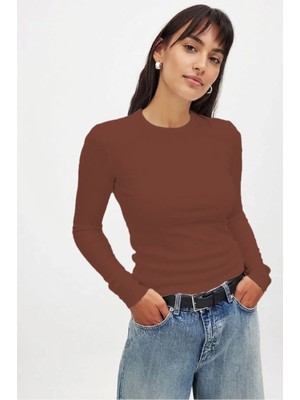 CHEISU Kadın Kiremit Uzun Kollu Bisiklet Yaka T-Shirt Bluz Kaşkorse Fitilli