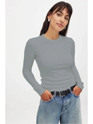 CHEISU Kadın Gri Uzun Kollu Bisiklet Yaka T-Shirt Bluz Kaşkorse Fitilli