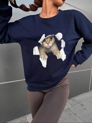 Adisia Kadın Uzun Kollu Bisiklet Yaka Kedi Desenli Viskon Iki Iplik Bluz