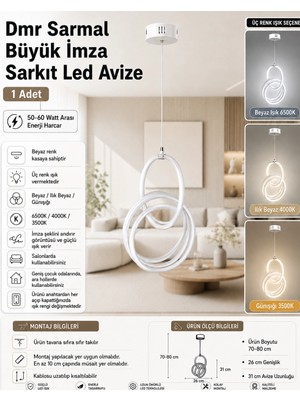 Dmr Sarmal Büyük Imza Sarkıt LED Avize Beyaz Kasa 50W 220 Volt Üç Renk 6500K/4000K/3000K (Beyaz /ılık Beyaz/sarı (Günışığı)