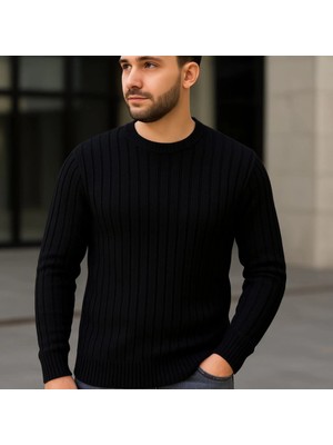 Adisia Erkek Bisiklet Yuvarlak Yaka Triko Kazak Pamuklu Kalın Fitilli Dokuma, Regular Fit Uzun Kollu Kışlık Model - Siyah
