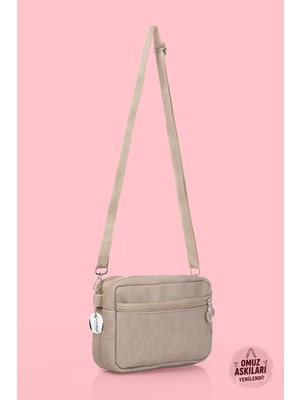 Westbag Kadın Bej Çapraz Askılı Üç Gözlü Fermuarlı Krinkıl Günlük Omuz Çantası