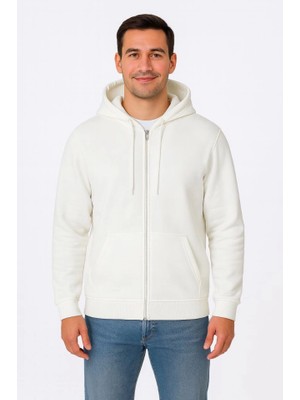 Adisia Erkek Üç Iplik Kapüşonlu Tam Fermuarlı Kanguru Çepli Sweatshirt Hoodie - Beyaz