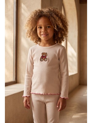 Katia & Bony Kız Çocuk Teddy Desenli Pijama Takımı Ekru