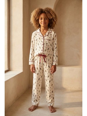 Kız Çocuk Yılbaşı Temalı Pijama Takımı Ekru