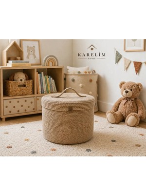 Karelim Home Çok Amaçlı Dekoratif Organizer Hasır Kapaklı Sepet 30 × 20, 20 x 20