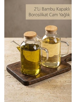Meks 2'li Bambu Kapaklı Borosilikat Cam 600 ml Yağlık Seti