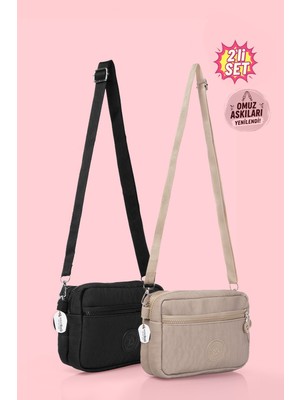 Westbag Kadın Çapraz Askılı Üç Gözlü Fermuarlı Krinkıl Günlük Omuz Çantası İkili Set Siyah ve Bej