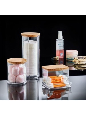 Meks Deconox Ahşap Görünümlü Kapak 3'lü Organizer Set, Pamukluk Düzenleyici Şık 3'lü Pamukluk Set
