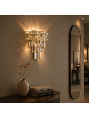 Apliqa Dolares Gold 40 Watt Kristal Taşlı Duvar Lambası Salon Aplik