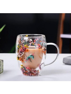 Meks Çift Cidarlı Borosilikat Cam, Renkli Kuru Çiçek Tasarımlı, 350 ml Kapasiteli, Kulplu, Şeffaf Kahve