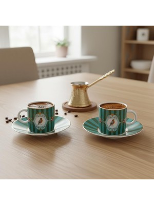 Meks Deconox Özel Kutulu 2'li Porselen Türk Kahvesi Fincan Takımı - Kuş Desenli Kırmızı/yeşil