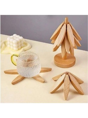 Meks Dekoratif Ahşap Çiçek Tasarımlı Bardak Altlığı, Doğal Renk, 3'lü Set