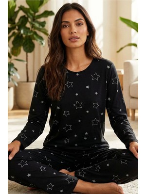 Siyah İnci Siyah Yıldız Desenli Pamuklu Pijama Takımı