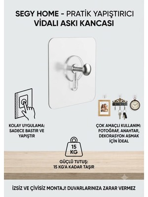 Segy Home Yapışkanlı Vida Şeffaf Duvara Monte Vida Kancaları, Iz Bırakmayan Asma Çivi Kancaları Tutucular Vidalar, Banyo Mutfak Oturma Odası Için Dekoratif Tablolar Asmak Için Şeffaf Vida Duvar Çivisi(4 Adet)