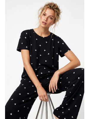 Siyah İnci Siyah Beyaz Kalp Desenli Kısa Kollu Pamuklu Pijama Takımı