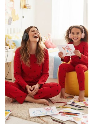 Siyah İnci Kırmızı Pamuklu Pijama Takımı