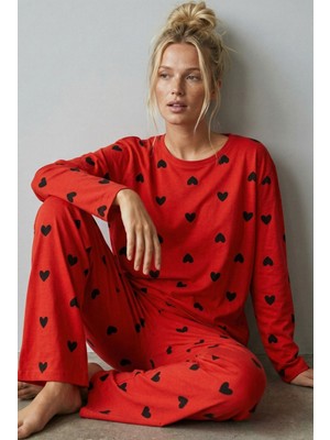 Siyah İnci Narçiçeği Siyah Kalp Baskılı Örme Pamuklu Pijama TAKIMI7613