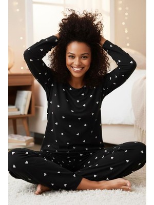 Siyah İnci Siyah Beyaz Kalp Desenli Pamuklu Pijama Takımı