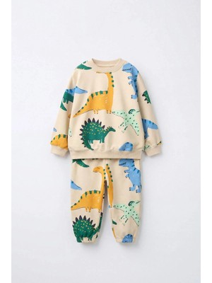 Magu Çocuk Dinozor Desenli Bej Sweatshirt ve Eşofman Altı Takımı