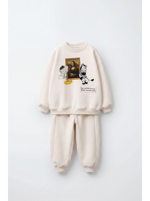 Çocuk Magu ve Milo Desenli Ekru Sweatshirt ve Eşofman Altı Takımı