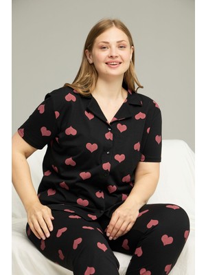 Siyah İnci Curve Büyük Beden Battal Boy Kısa Kollu Düğmeli Pamuklu Pijama Takımı